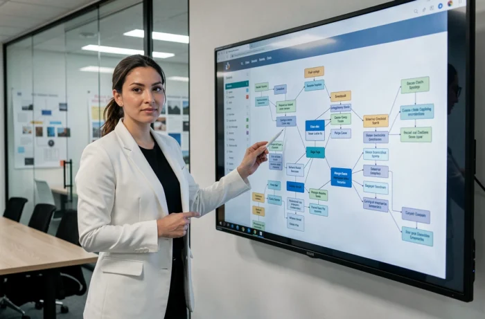 Directrice créative présentant la structure d'un sitemap de site web lors d'une réunion en agence digitale