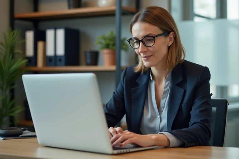Dirigeante de PME consultant une solution B2B en ligne sur son ordinateur portable dans un bureau moderne