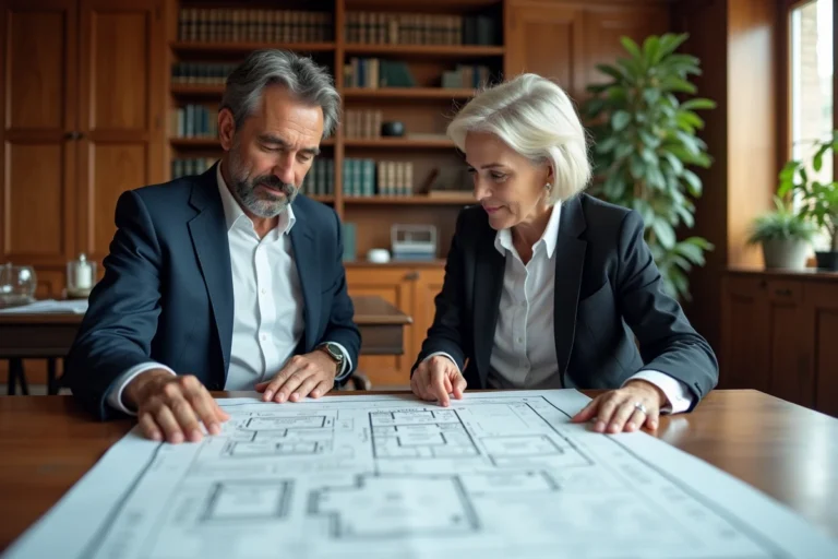 Deux copropriétaires en indivision examinant un plan cadastral avec un notaire lors d'une réunion de division de terrain