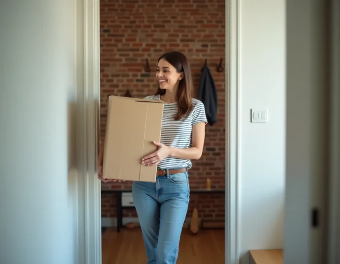 Une jeune femme souriante portant un carton lors de son emménagement dans un appartement en colocation