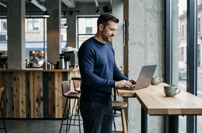 Entrepreneur indépendant travaillant sur son ordinateur portable dans un café moderne, symbolisant la flexibilité et la liberté du travail en solo