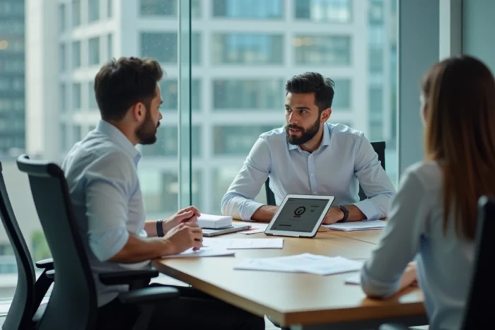 Jeune entrepreneur TPE en réunion avec un consultant pour découvrir une solution de croissance B2B