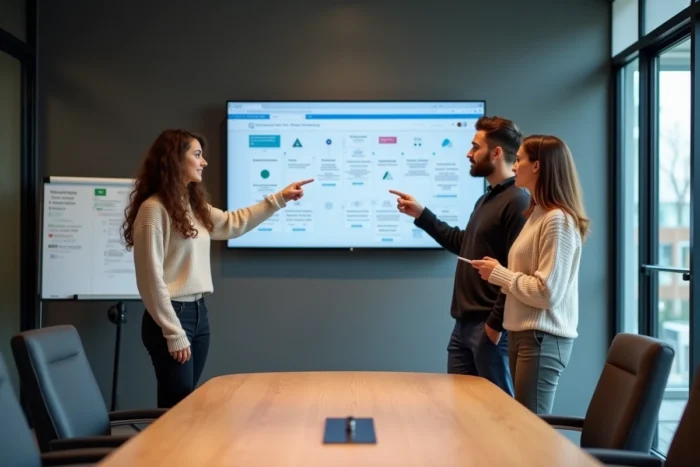 Une équipe marketing discute d'une structure de sitemap sur un grand écran tactile en salle de réunion pour améliorer le référencement