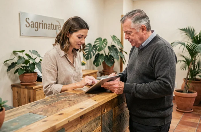Deux membres de l'équipe Sagrinature accueillent les clients et répondent à leurs demandes à l'espace d'accueil de l'entreprise