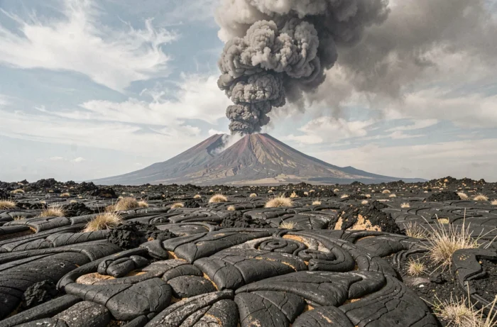 Éruption de l'Etna avec une colonne de cendres volcaniques s'élevant au-dessus du cratère sommital en Sicile