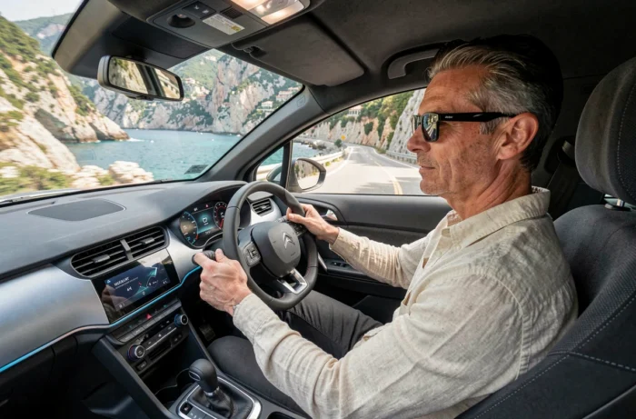 Journaliste automobile en train d'essayer la Citroën ë-C4 électrique sur une route côtière au-dessus de Monaco
