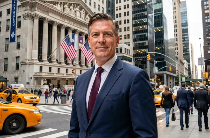 Un cadre américain devant la Bourse de New York sur Wall Street, symbole de la puissance économique des États-Unis