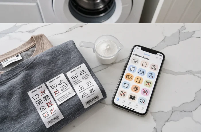 Étiquettes de vêtements avec symboles de lavage, lessive et smartphone affichant un guide des symboles sur un comptoir en marbre blanc