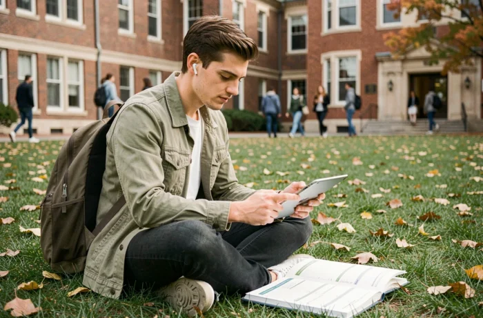 Étudiant assis sur le campus en plein air utilisant une tablette et un agenda papier pour organiser son emploi du temps