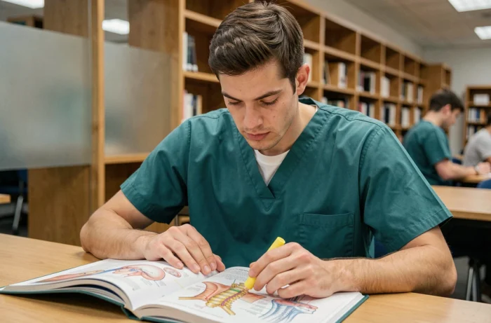 Étudiant en médecine étudiant les parties du corps humain en C comme la clavicule et le crâne dans un atlas anatomique