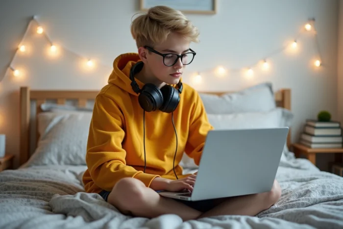 Jeune étudiant qui suit un tutoriel en ligne sur son ordinateur portable dans sa chambre avec un casque audio