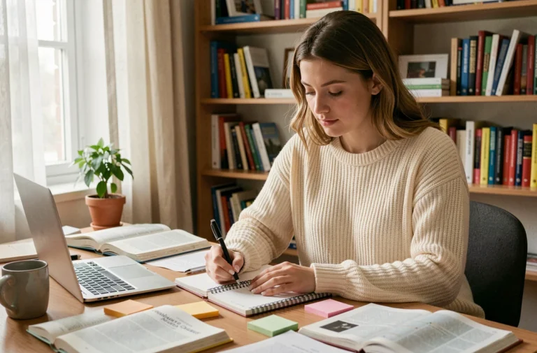 Étudiante prenant des notes à son bureau organisé avec des manuels scolaires, un ordinateur portable et des accessoires d'étude
