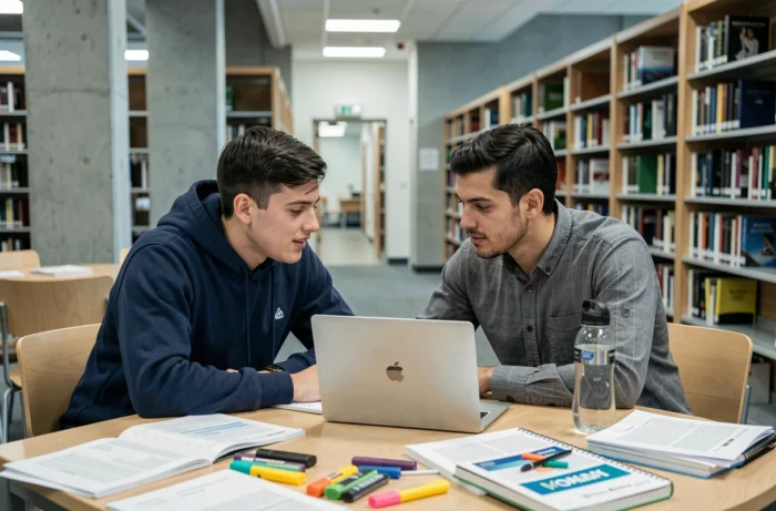 Deux étudiants universitaires collaborant sur un projet avec un ordinateur portable et des documents dans une bibliothèque moderne
