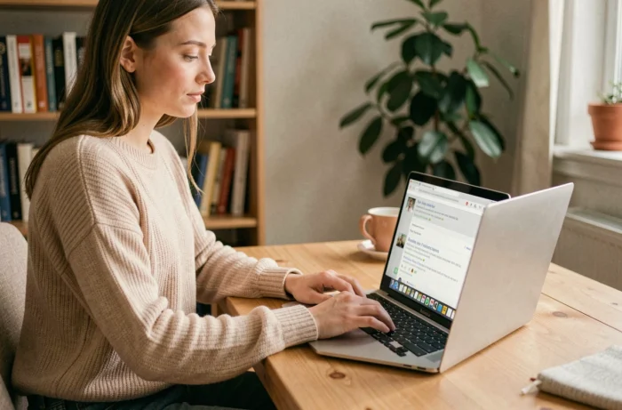 Jeune femme lisant des avis clients sur un site de mode en ligne sur son ordinateur portable, installée à son bureau à domicile