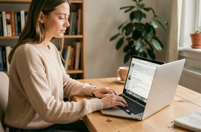 Jeune femme lisant des avis clients sur un site de mode en ligne sur son ordinateur portable, installée à son bureau à domicile