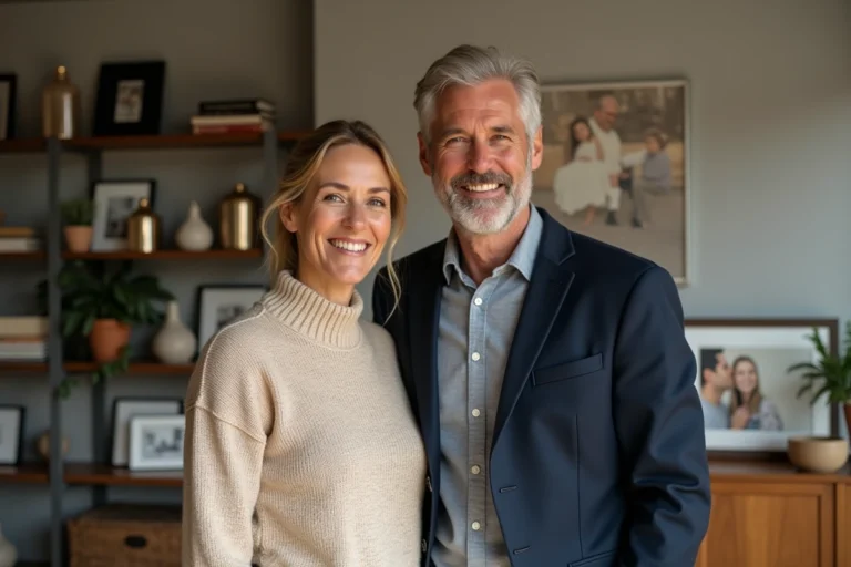 Couple de la famille Godey Loeb souriant dans un salon décoré avec chaleur, illustrant leur vie privée et familiale