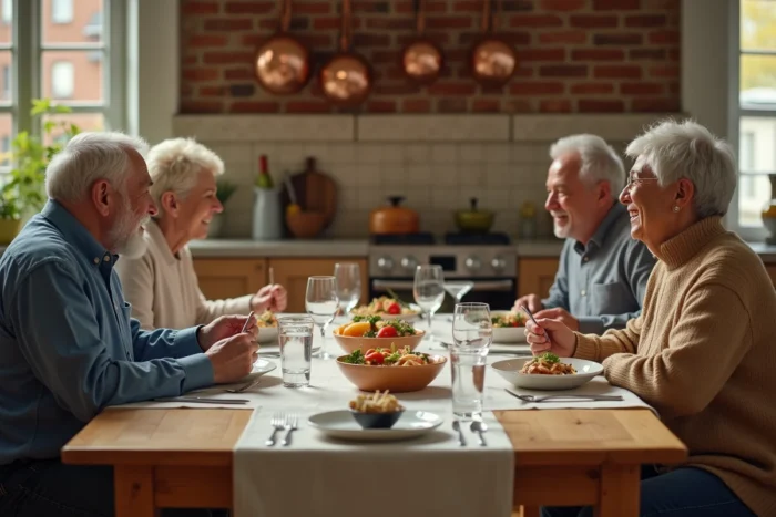 Famille multigénérationnelle réunie autour d'une table en bois pour un repas convivial, évoquant la vie de famille de Laurène Godey et Loeb