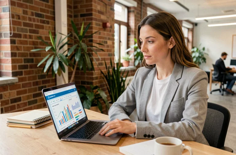 Femme professionnelle analysant les statistiques de visibilité d'un site web sur son ordinateur portable dans un espace de coworking moderne