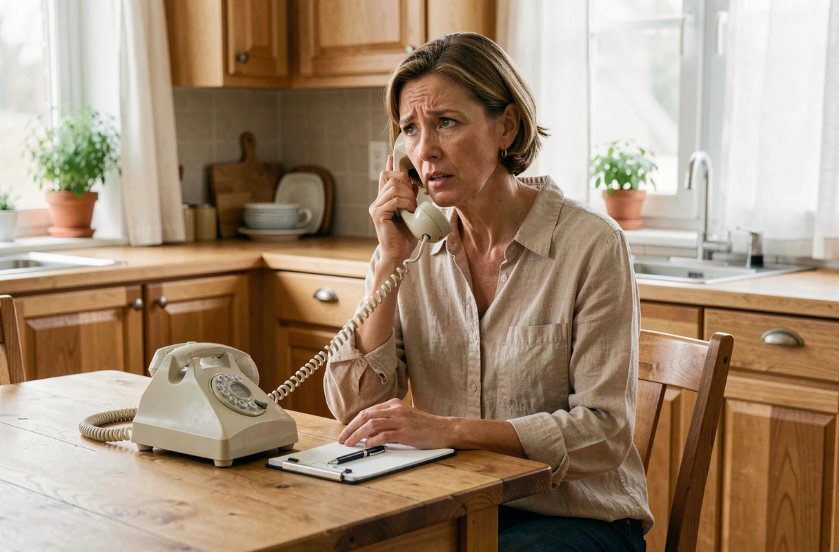 Femme passant un appel téléphonique en PCV depuis un téléphone fixe à la maison