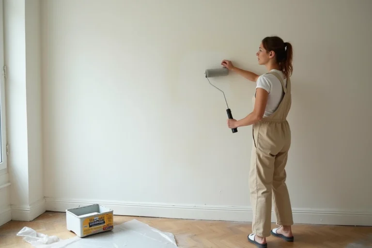 Femme appliquant la peinture Luxens blanche sur un mur intérieur avec un rouleau, dans un appartement en rénovation