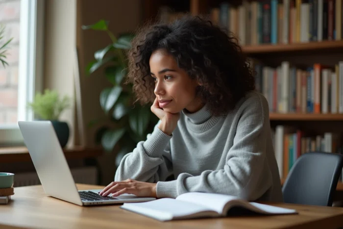 Femme concentrée qui apprend en ligne sur son ordinateur portable dans un bureau à domicile organisé