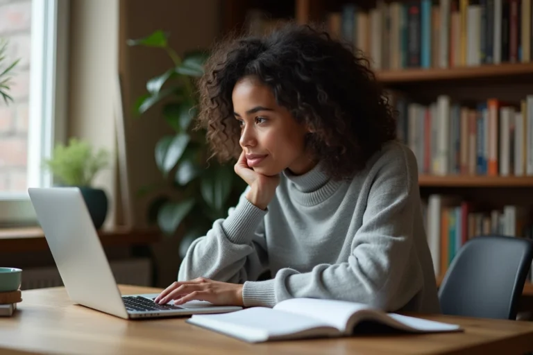 Femme concentrée qui apprend en ligne sur son ordinateur portable dans un bureau à domicile organisé