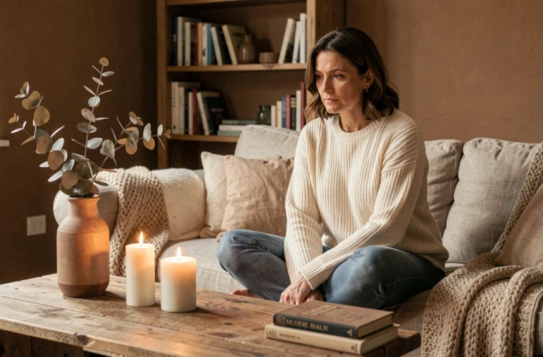 Femme sereine assise sur un canapé en lin contemplant trois bougies allumées pour le bien-être et la relaxation à domicile