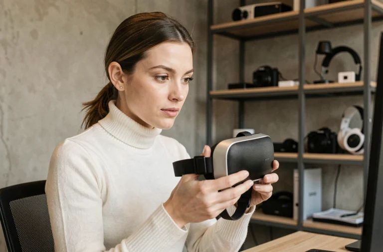 Femme explorant un casque de réalité augmentée dans un espace de coworking moderne, tendances tech innovation