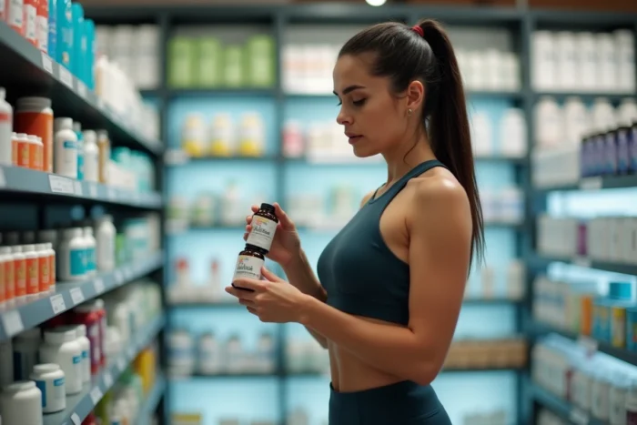 Femme examinant un complément alimentaire minceur en pharmacie avec une expression dubitative