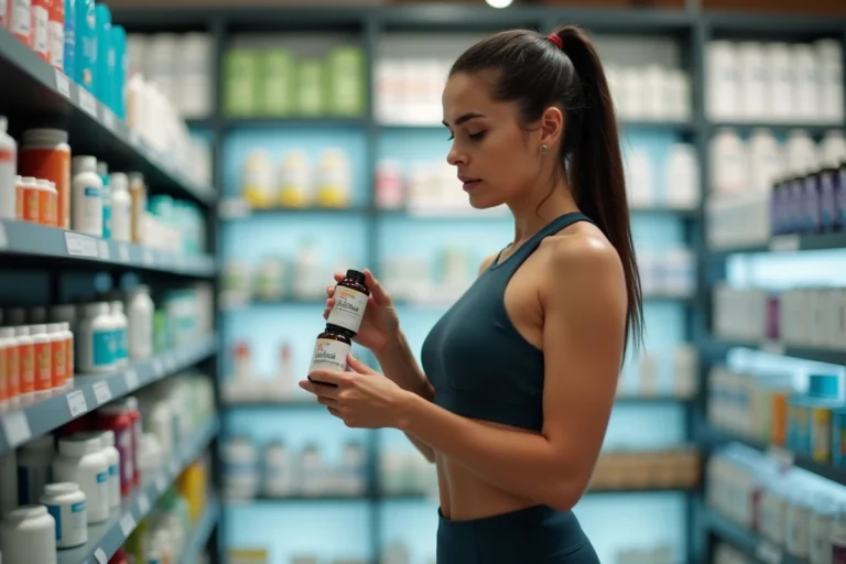 Femme examinant un complément alimentaire minceur en pharmacie avec une expression dubitative