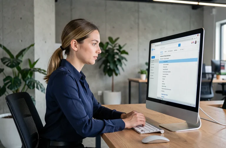Femme professionnelle consultant un sitemap de site web sur un écran d'ordinateur dans un bureau moderne