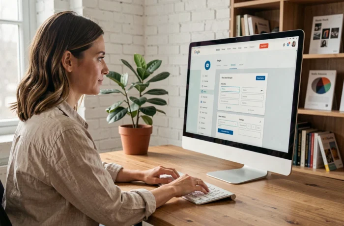 Femme professionnelle créant un site web sur ordinateur dans un bureau moderne et cosy