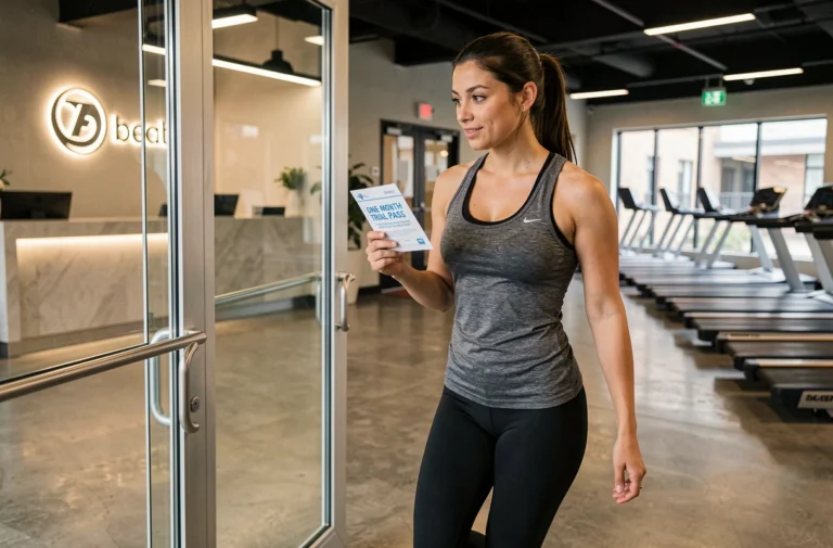 Femme entrant dans une salle de sport avec un pass d'essai d'un mois sans engagement à la main