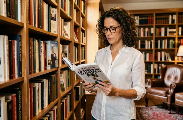 Femme entrepreneureure analysant plusieurs magazines économiques devant une bibliothèque professionnelle remplie de publications d'affaires