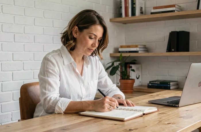 Femme entrepreneur travaillant seule dans un bureau minimaliste à domicile, consultant un carnet de notes en cuir pour planifier son activité en solo