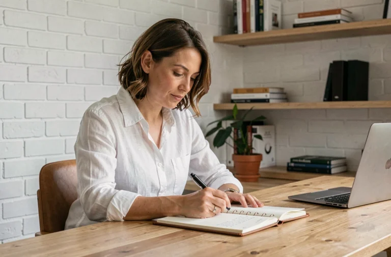Femme entrepreneur travaillant seule dans un bureau minimaliste à domicile, consultant un carnet de notes en cuir pour planifier son activité en solo