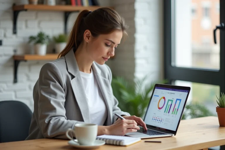Femme entrepreneur travaillant sur son business en ligne depuis un bureau à domicile moderne avec un ordinateur portable et un carnet de notes