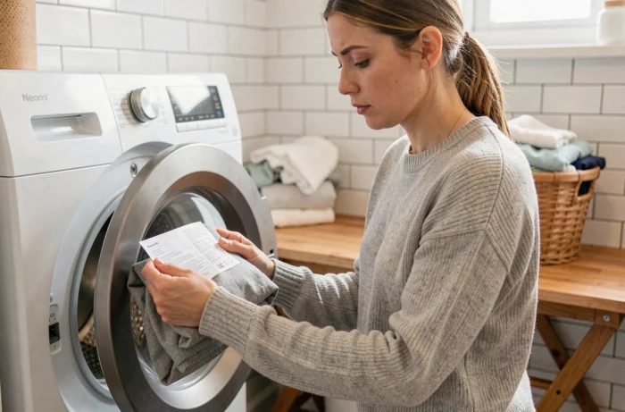 Femme lisant les symboles d'entretien sur l'étiquette d'un vêtement devant un lave-linge ouvert dans une buanderie moderne