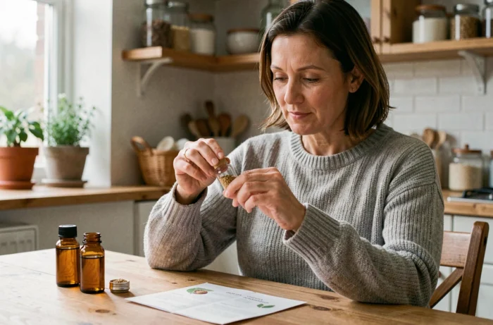 Femme tenant un flacon de granules homéopathiques dans une cuisine en bois, illustration de l'homéopathie contre les effets secondaires du vaccin Covid