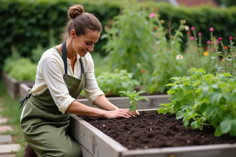 Femme jardinière en tablier de lin travaillant la terre dans un potager bio surélevé avec tomates et laitues
