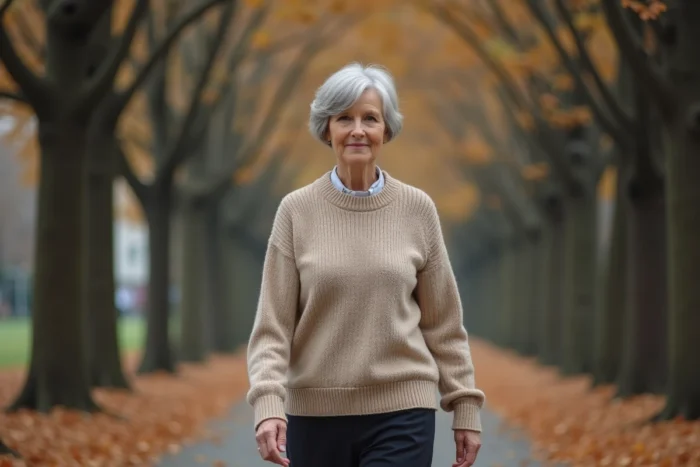 Femme aux cheveux gris marchant sur un chemin de parc automnal pour prendre soin de sa santé et de son bien-être au quotidien