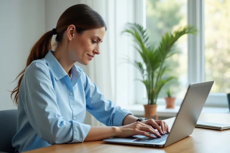 Femme consultant sa mutuelle santé sur un ordinateur portable dans un bureau à domicile moderne