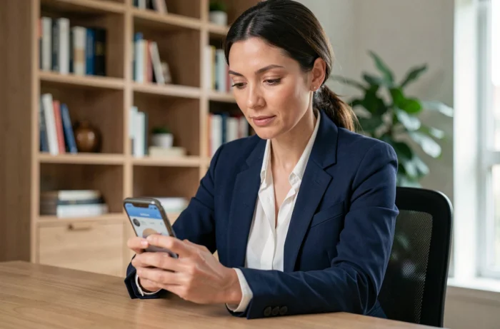 Femme consultant une application bancaire sécurisée sur smartphone dans un bureau à domicile moderne