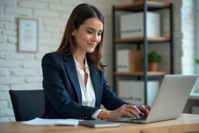 Femme professionnelle consultant des offres d'emploi en ligne sur son ordinateur portable dans un bureau à domicile moderne
