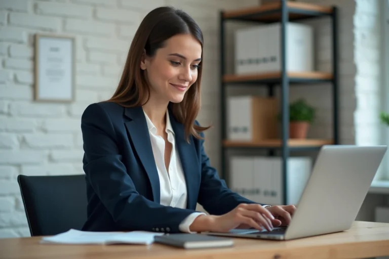 Femme professionnelle consultant des offres d'emploi en ligne sur son ordinateur portable dans un bureau à domicile moderne
