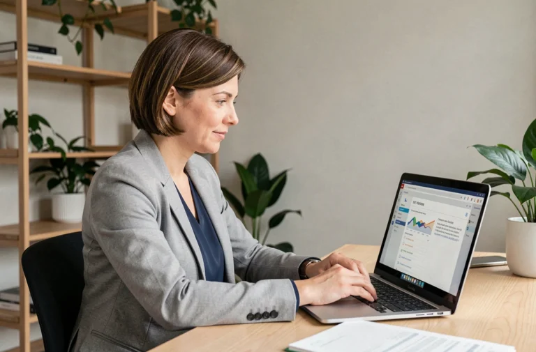 Femme consultant une checklist de sécurité numérique sur un ordinateur portable dans un bureau moderne et organisé