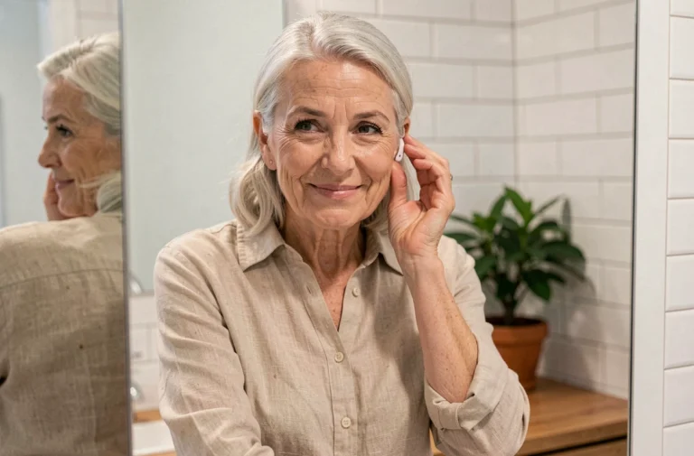 Femme de 65 ans ajustant son appareil auditif devant un miroir de salle de bain, illustrant l'autonomie auditive après 60 ans