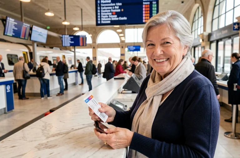 Femme senior souriante tenant sa carte SNCF et un billet de train au guichet d'une gare française