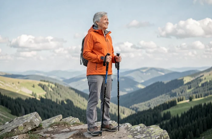 Femme senior souriante en randonnée seule sur une crête rocheuse avec panorama de vallée verdoyante, illustration de l'autonomie et du plaisir de la nature pour les célibataires seniors