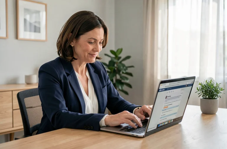 Femme utilisant SFR Mail sur un ordinateur portable dans un bureau à domicile moderne